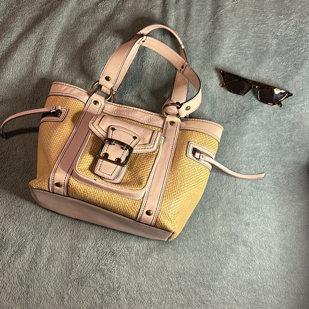 Coach White/Cream Woven Straw and Leather Legacy Buckle Tote